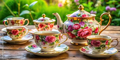 An elegant vintage tea set beautifully displayed on a rustic table, highlighted by floral patterns and intricate porcelain designs, exudes a quaint, nostalgic charm.