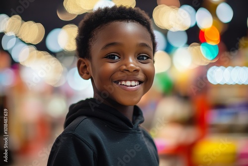 A young black  boy happily shopping at a mall during the Black Friday carnival. The boy was dressed in a sweatshirt and jeans, as if he had just found a lot of good things from the discoun section.  photo