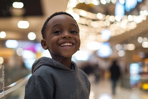 A young black  boy happily shopping at a mall during the Black Friday carnival. The boy was dressed in a sweatshirt and jeans, as if he had just found a lot of good things from the discoun section.  photo