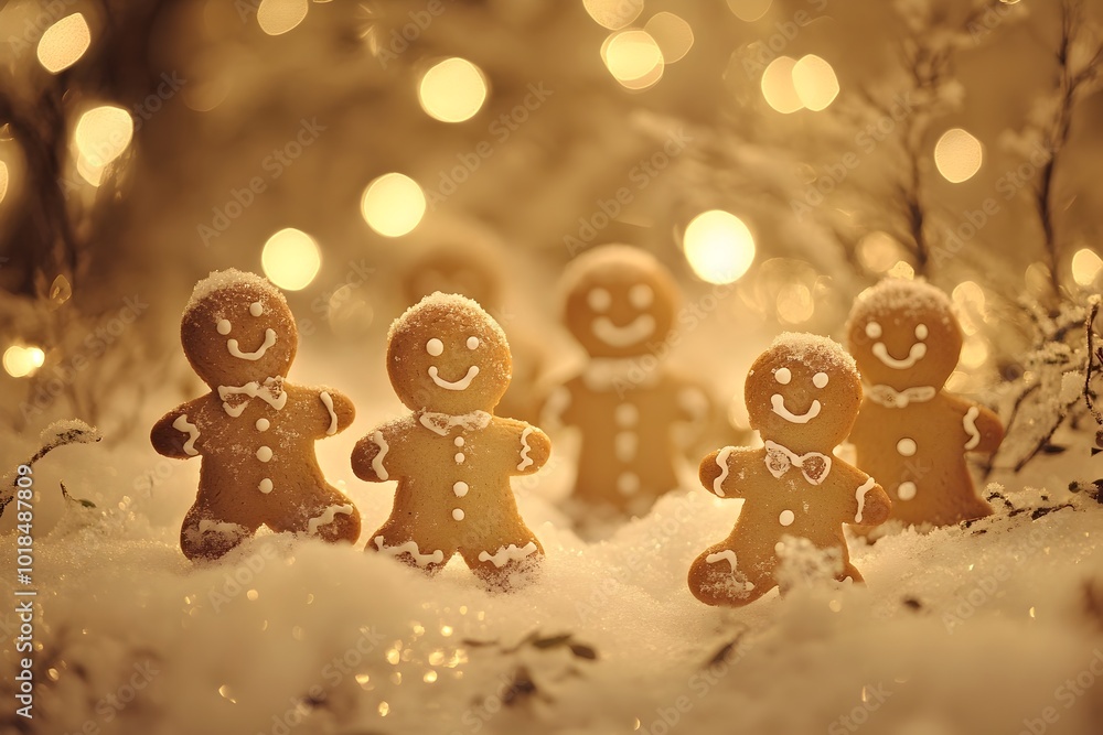Cheerful Gingerbread Cookies Decorated with Festive Snowflakes in Snowy Winter Scene