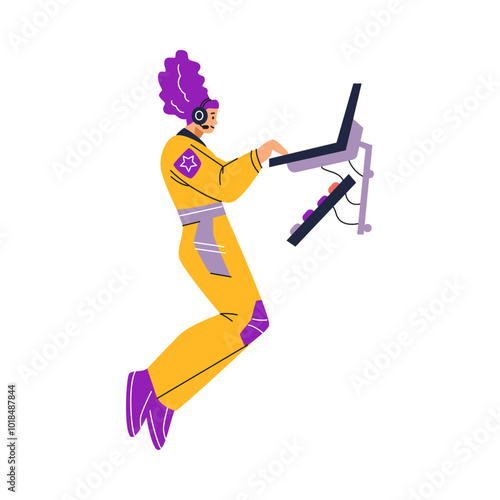 Vector illustration of a female astronaut working with a laptop in zero gravity.