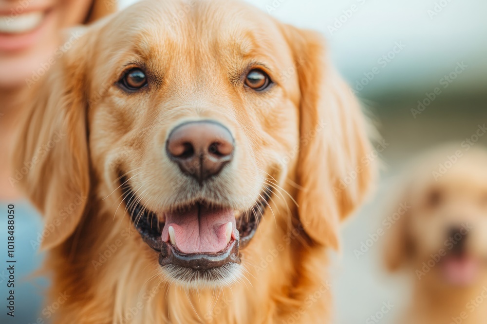 A smiling woman and her young daughter sitting with their golden retriever, enjoying a happy moment outdoors in a green garden. A smiling woman and her young daughter sitting with their golden retriever, enjoying a happy moment outdoors in a green garden.