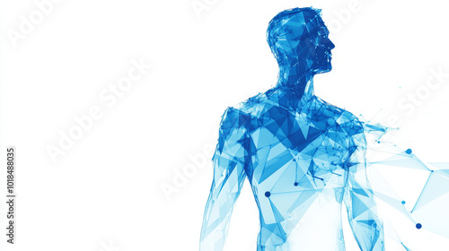 A blue, geometric outline of a man's upper body stands out against a white background. This digital art represents the connection between technology and health.