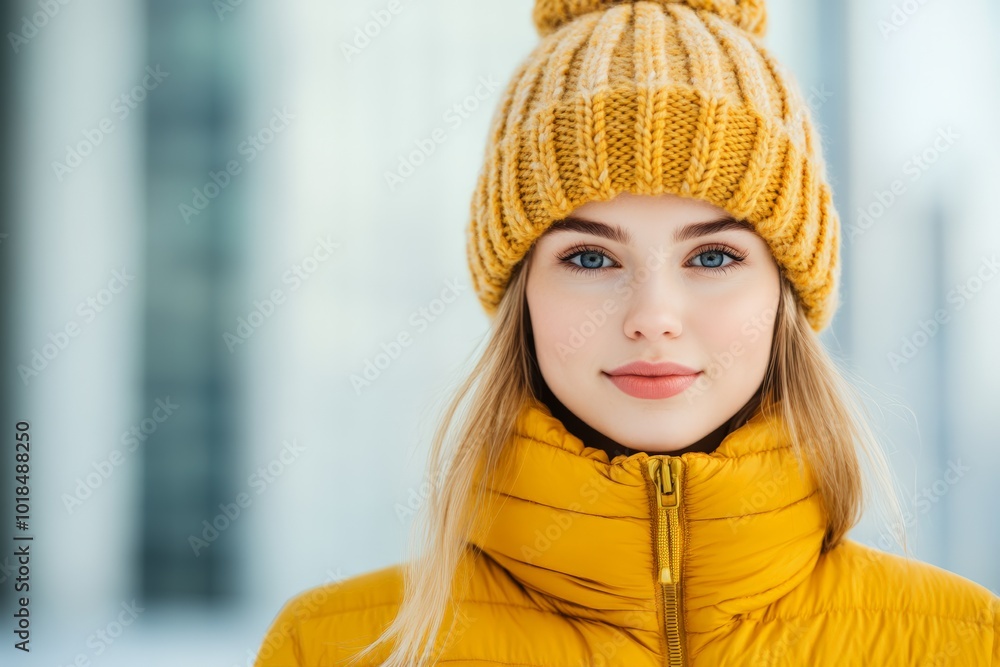 Young woman in a yellow winter hat and jacket standing outdoors with a soft smile, against a blurred urban backdrop. Young woman in a yellow winter hat and jacket standing outdoors with a soft smile, against a blurred urban backdrop.