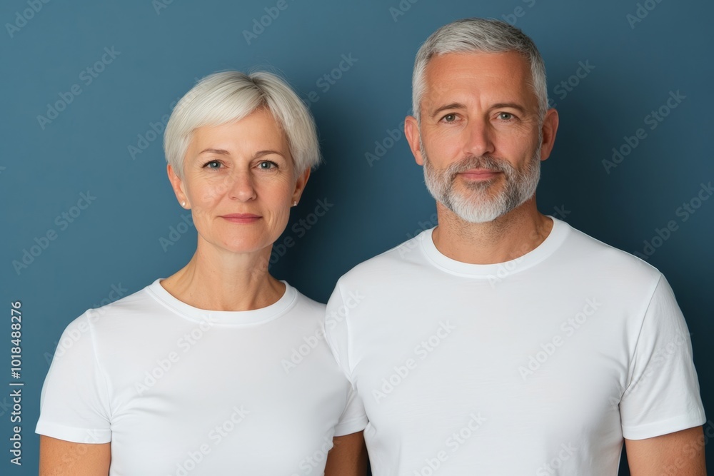 Portrait of a smiling senior couple, both wearing glasses and white t-shirts, standing side by side against a plain background. Portrait of a smiling senior couple, both wearing glasses and white t-shirts, standing side by side against a plain background.
