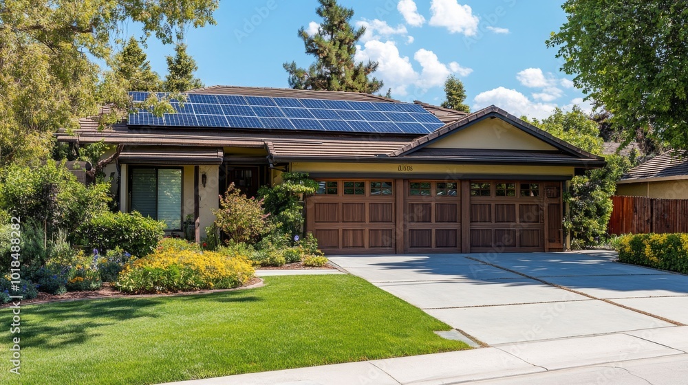 Modern Suburban Home with Solar Panels and Lush Landscaping Modern Suburban Home with Solar Panels and Lush Landscaping
