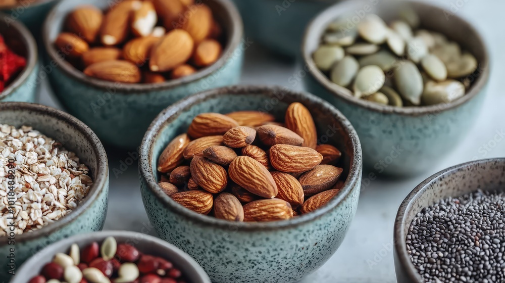 A collection of various nuts and seeds displayed in decorative bowls, showcasing their rich textures and colors. A collection of various nuts and seeds displayed in decorative bowls, showcasing their rich textures and colors.