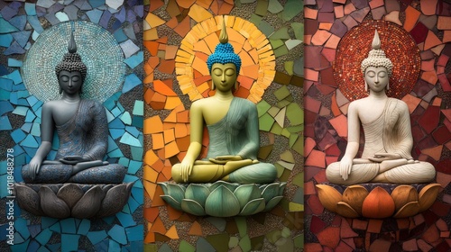 Buddha image Holiness in Buddhism in the art style of mosaic tile artwork