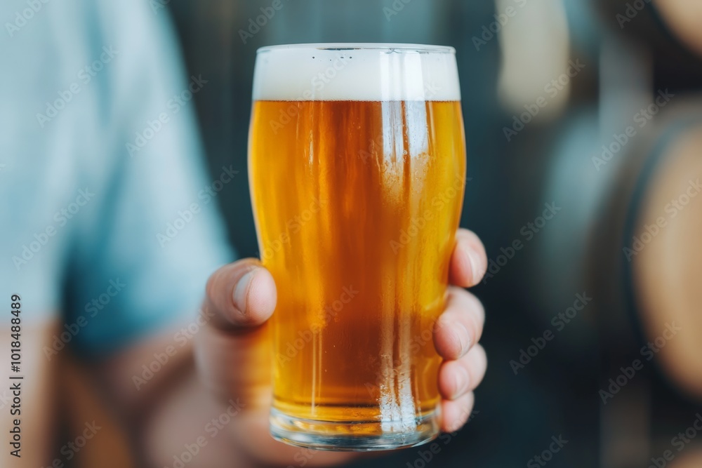 A close-up of a hand holding a glass of cold, frothy beer, showcasing its golden color and refreshing appearance. A close-up of a hand holding a glass of cold, frothy beer, showcasing its golden color and refreshing appearance.