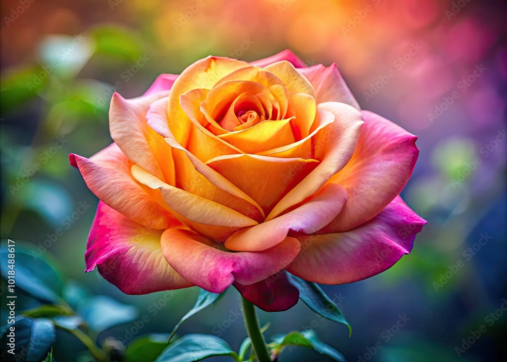 Fototapeta premium An exquisite rose in bloom, adorned with tender petals, gently contrasts with a soft, blurred background, embodying elegance and tranquility in its simplicity.