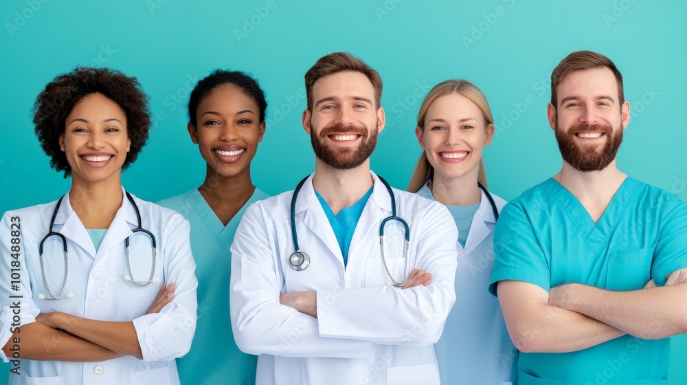 A group of smiling healthcare professionals standing confidently in blue and green scrubs against a blue background. A group of smiling healthcare professionals standing confidently in blue and green scrubs against a blue background.
