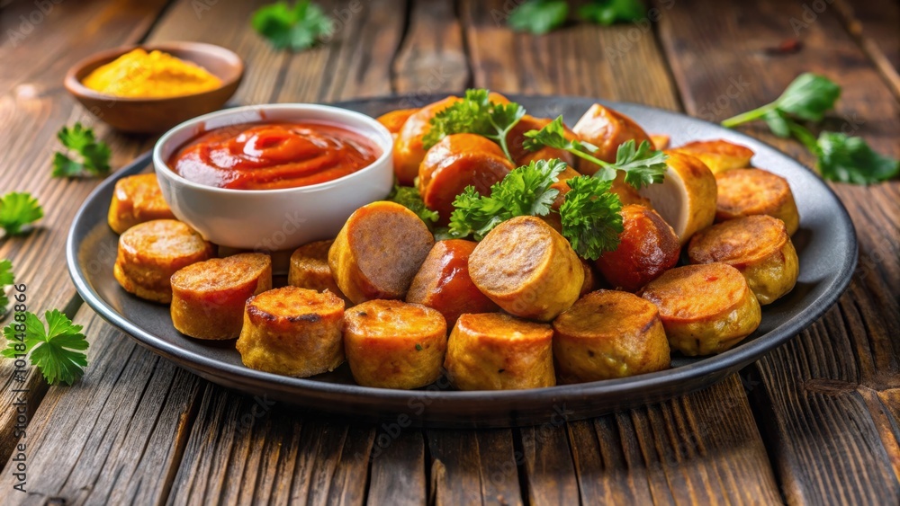 Appetizing fried pork sausage pieces with curry ketchup , sausage, pork, fried, appetizing, food, delicious, curry, ketchup, dish Appetizing fried pork sausage pieces with curry ketchup , sausage, pork, fried, appetizing, food, delicious, curry, ketchup, dish