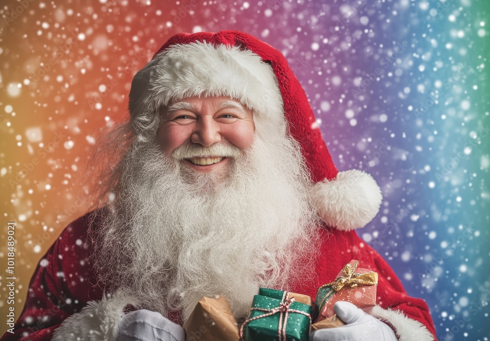 A Rainbow joyful Santa holds a bag of colorful presents in a vibrant, snowy scene, capturing the magic of Christmas for holiday marketing. A Rainbow joyful Santa holds a bag of colorful presents in a vibrant, snowy scene, capturing the magic of Christmas for holiday marketing.