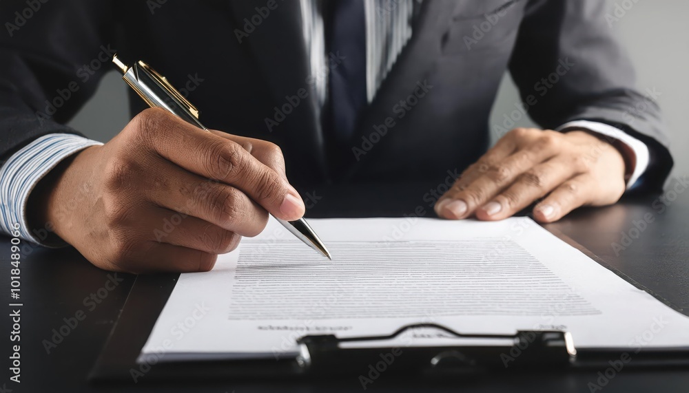 Businessman signing document in formal attire, white isolate background Businessman signing document in formal attire, white isolate background
