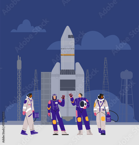 Vector illustration of female astronauts in spacesuits on the launch pad, next to the rocket.