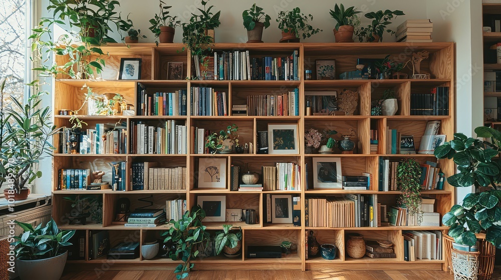 A cozy bookshelf adorned with plants, featuring a collection of books and decorative items, creating a warm and inviting atmosphere. A cozy bookshelf adorned with plants, featuring a collection of books and decorative items, creating a warm and inviting atmosphere.