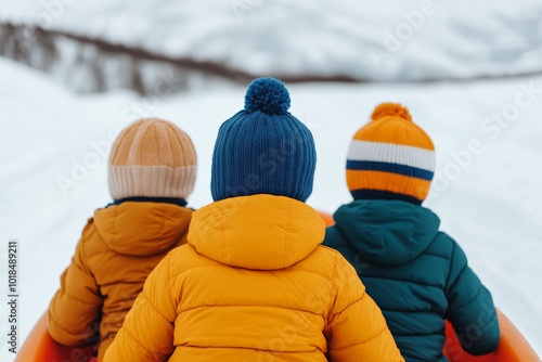 Three smiling children bundled up in winter coats and hats, standing outside in the snow. photo