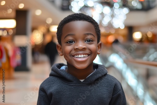 A young black  boy happily shopping at a mall during the Black Friday carnival. The boy was dressed in a sweatshirt and jeans, as if he had just found a lot of good things from the discoun section.  photo