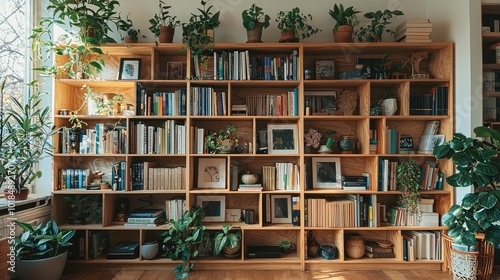 A cozy bookshelf adorned with plants, featuring a collection of books and decorative items, creating a warm and inviting atmosphere.