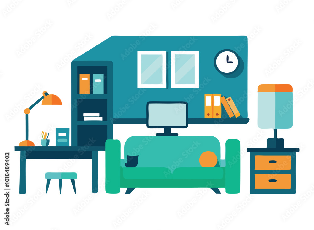 Colorful Flat Design of a Study Desk with Books and Files - Home Office or Library Concept Colorful Flat Design of a Study Desk with Books and Files - Home Office or Library Concept