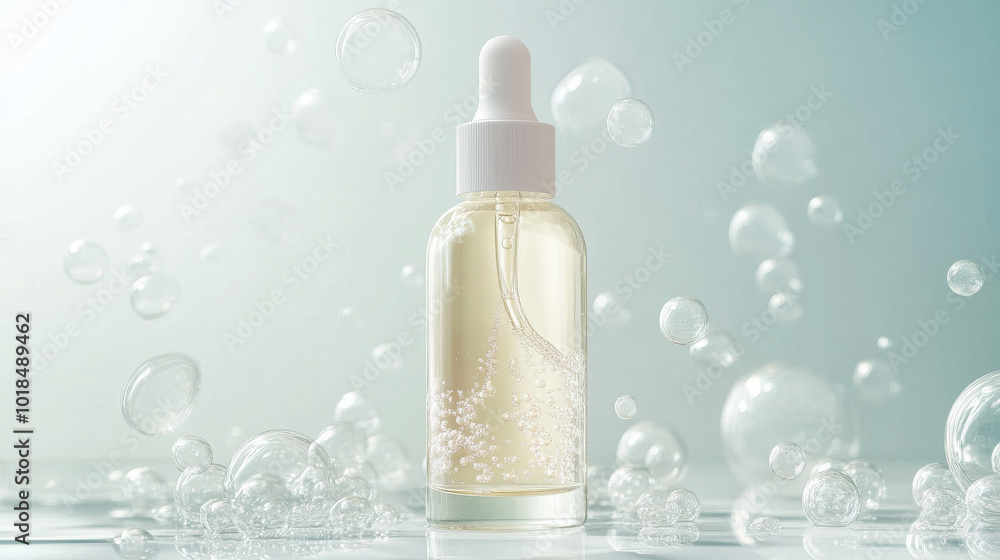 A bottle of serum with vitamin bubbles, designed to boost collagen and improve skin health. A bottle of serum with vitamin bubbles, designed to boost collagen and improve skin health.