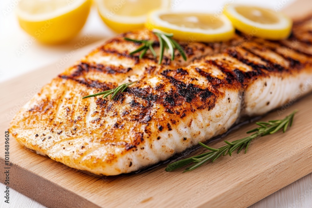 Two grilled fish seasoned with herbs, served with lemon slices and fresh garnishes on a wooden board. Two grilled fish seasoned with herbs, served with lemon slices and fresh garnishes on a wooden board.