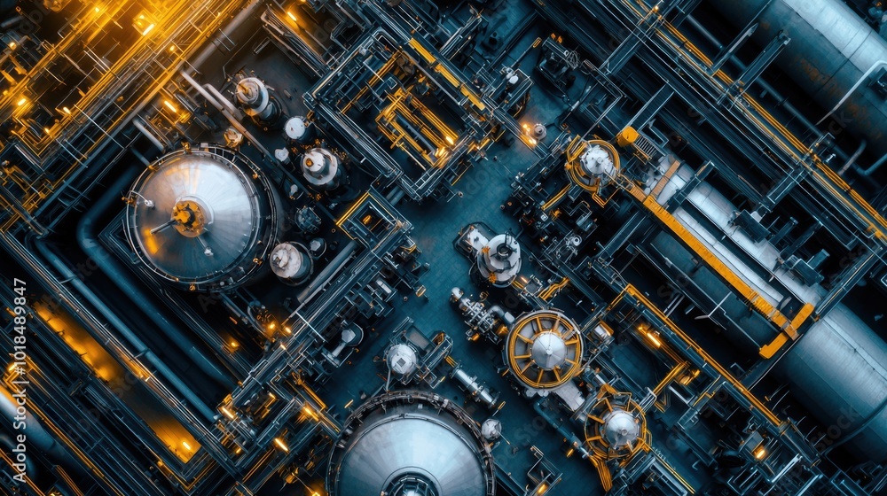 Industrial Facility Aerial View with Pipes and Tanks Industrial Facility Aerial View with Pipes and Tanks