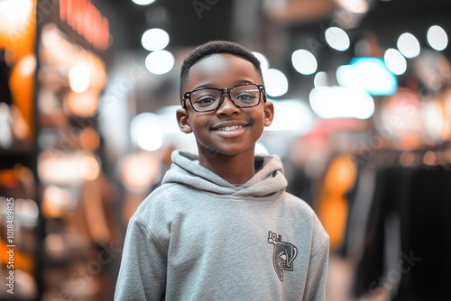 A young black  boy happily shopping at a mall during the Black Friday carnival. The boy was dressed in a sweatshirt and jeans, as if he had just found a lot of good things from the discoun section.  photo