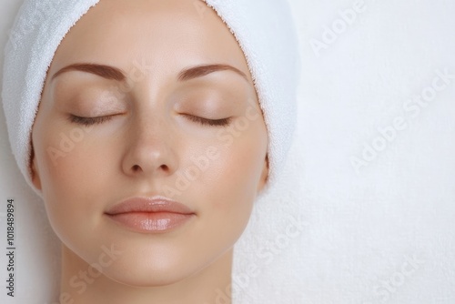 A serene woman with a towel wrapped around her head, enjoying a peaceful spa treatment with her eyes closed.