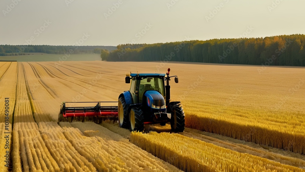 Obraz premium A farmer guides machinery through a vast golden field during autumn,