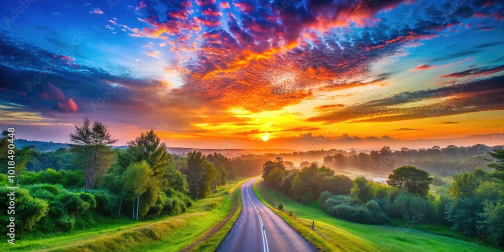 Obraz premium A peaceful sunrise casts gentle light on a serene road, embraced by vibrant greenery and a sky painted with soft, colorful hues at dawn.