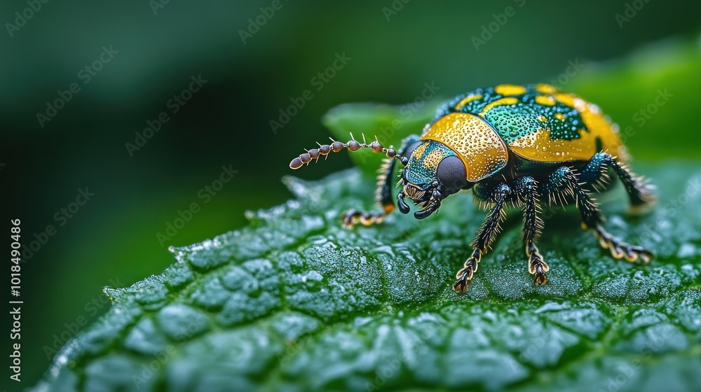 Close-up of a colorful beetle on a leaf with dew droplets. Close-up of a colorful beetle on a leaf with dew droplets.
