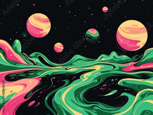 A Surreal Colorful Landscape with Floating Planets and Swirling Celestial Elements in a Futuristic photo