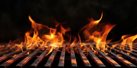 Hot empty portable barbecue BBQ grill with flaming fire and ember charcoal on black background