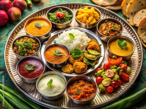 Wallpaper Mural Experience a vibrant traditional Hindu feast with an array of colorful dishes elegantly displayed on a decorative platter, ideal for festive celebrations. Torontodigital.ca