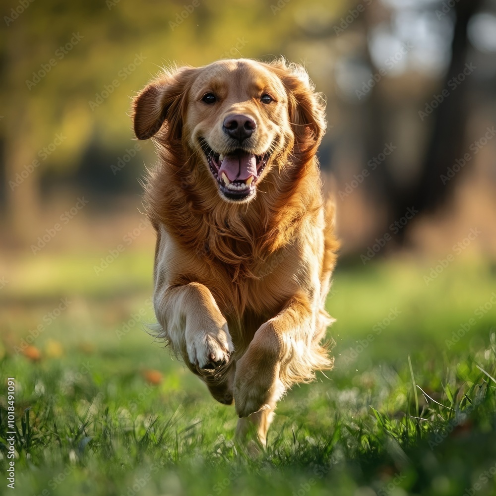 Joyful golden retriever running through a sunny field Joyful golden retriever running through a sunny field