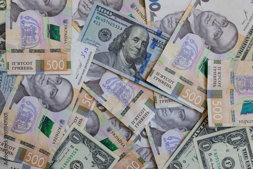 dollar and  500 hryvnyas banknotes background