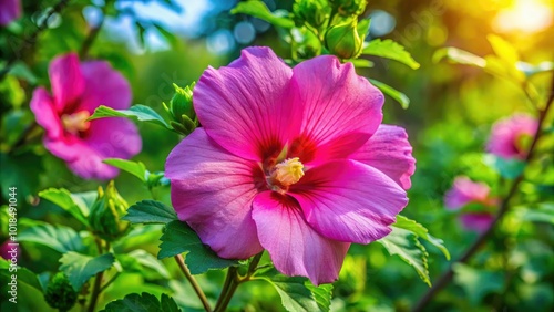 A radiant Rose of Sharon flower blossoms in a sunlit garden, surrounded by lush green leaves, creating a vibrant scene full of life and color.