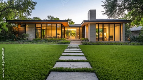 Modern Brick House with Stone Walkway and Lush Green Lawn