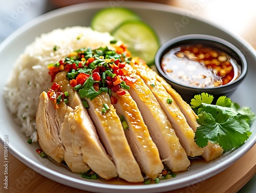 A plate of Hainanese chicken rice with dipping sauce. photo