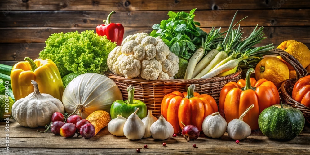 A rustic wooden table showcases an array of fresh white fruits and vegetables, inspiring healthy eating habits and making cooking at home a delightful experience. A rustic wooden table showcases an array of fresh white fruits and vegetables, inspiring healthy eating habits and making cooking at home a delightful experience.