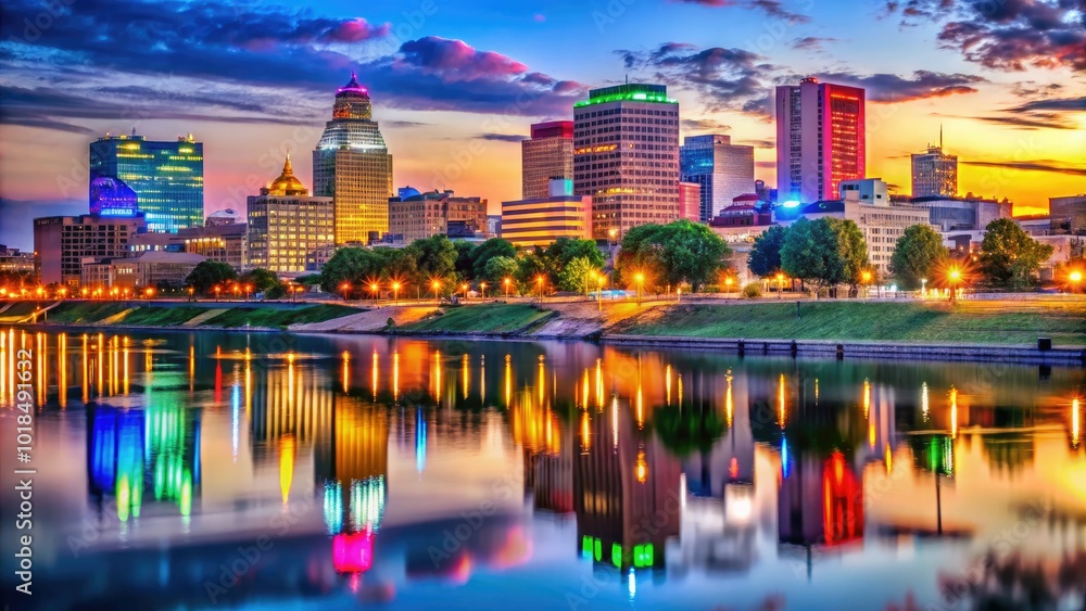 Naklejka premium As dusk falls, the Memphis skyline comes alive with colorful lights reflecting on the river, capturing the vibrant spirit of the city in a breathtaking view.