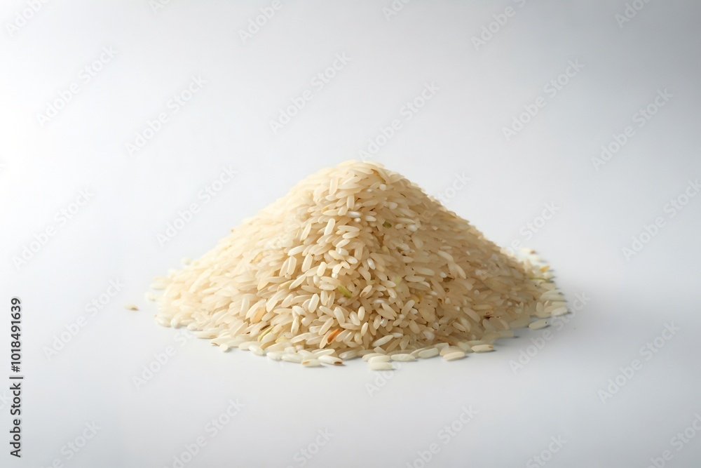 A pile of uncooked white rice on a plain white background. A pile of uncooked white rice on a plain white background.