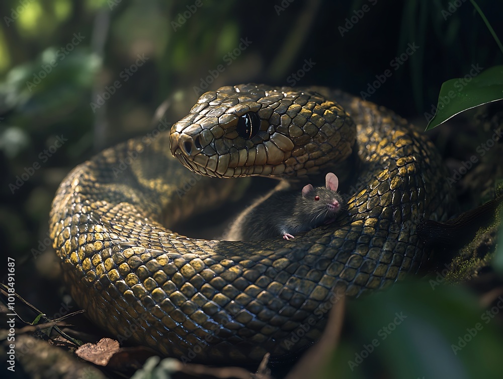 Obraz premium A snake with yellow and brown scales coils around its prey in the forest.