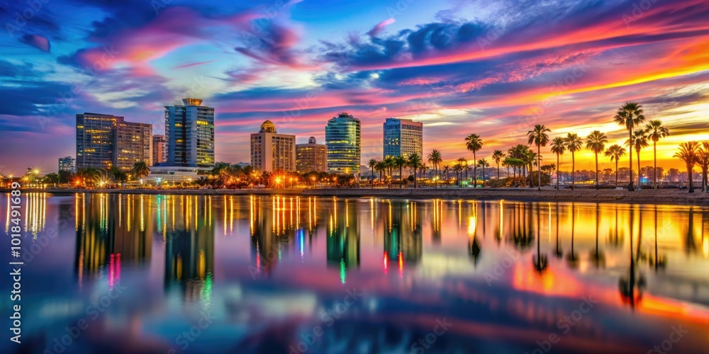 Fototapeta premium As dusk settles, the vibrant Long Beach skyline comes alive with rich colors, mirrored in the calm water below, creating a breathtaking urban vista.