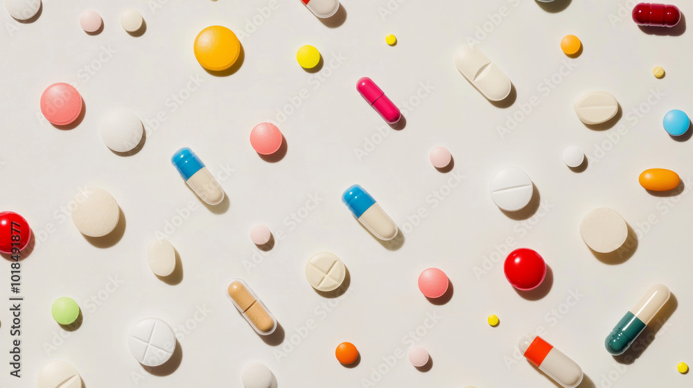 A collection of different medications, including pills, tablets, and colorful medicines, displayed against a plain background. A collection of different medications, including pills, tablets, and colorful medicines, displayed against a plain background.