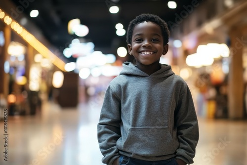 A young black  boy happily shopping at a mall during the Black Friday carnival. The boy was dressed in a sweatshirt and jeans, as if he had just found a lot of good things from the discoun section.  photo