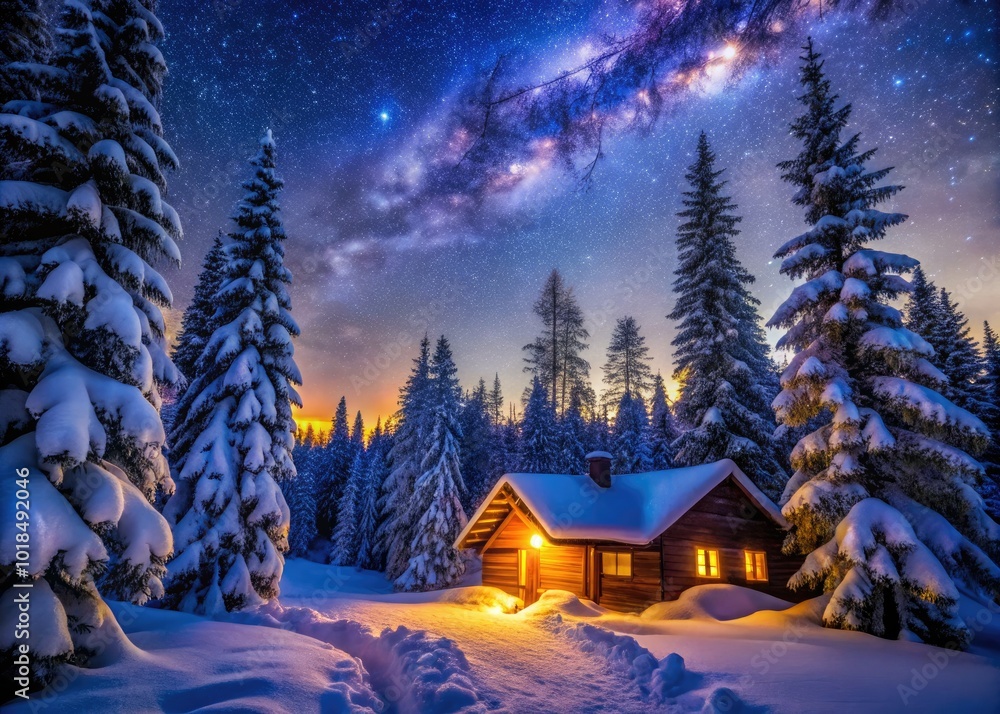Fototapeta premium A serene winter wonderland unfolds, featuring snow-laden trees, a charming cabin, and a breathtaking starry sky that invites tranquility and warmth on this cold night.