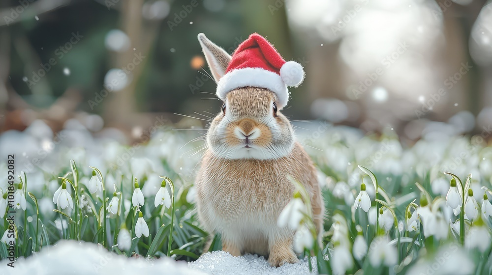 Obraz premium A cute rabbit wearing a festive Santa hat surrounded by blooming snowdrops in a winter wonderland, capturing the holiday spirit.