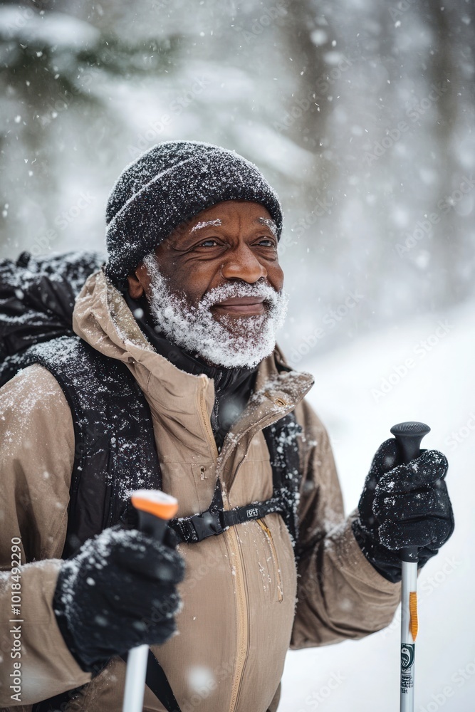 Fototapeta premium african american elderly man snowshoeing or skiing with poles through winter forest. senior activity, tourism, healthy lifestyle and recreation